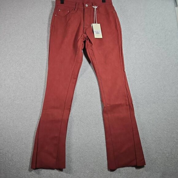 NWT MNML Men Leather Flare Denim Jeans Size 28 Burgundy - Picture 1 of 10